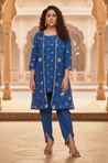 PHULJARI- Royal Blue Three Piece set with Inner and Jacket