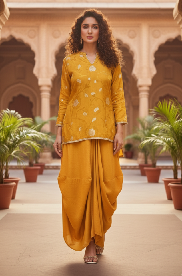 FITOOR-Golden Mustard Short Kurta with Turkey Skirt