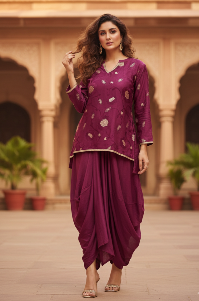 FITOOR-Plum Wine Short Kurta With Turkey Skirt