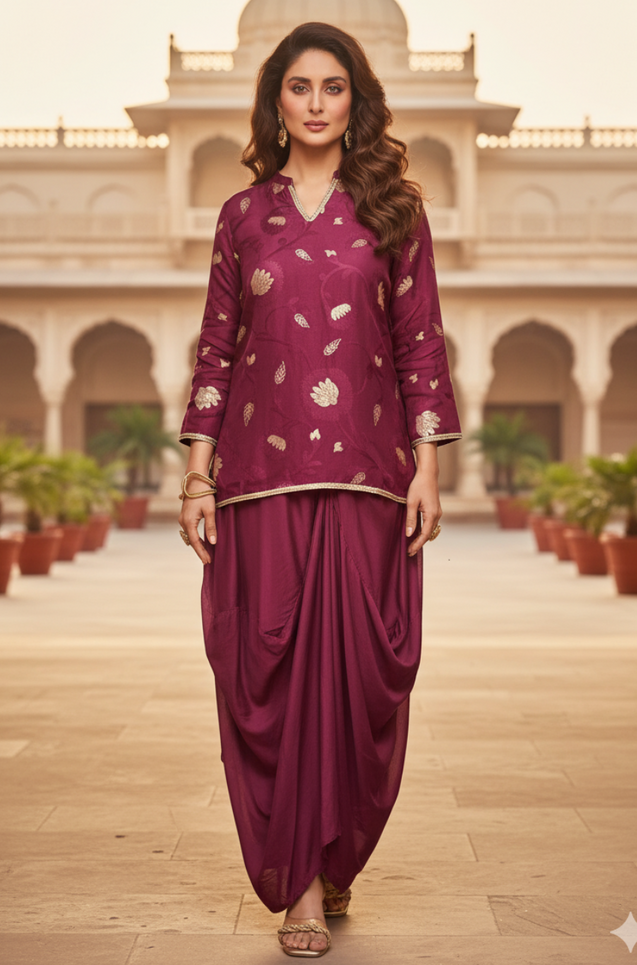 FITOOR-Plum Wine Short Kurta With Turkey Skirt