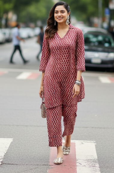 Maroon Chevron Printed Two Piece set