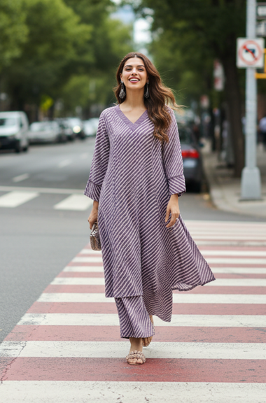 Purple  Leheriya Striped Co-ord Set