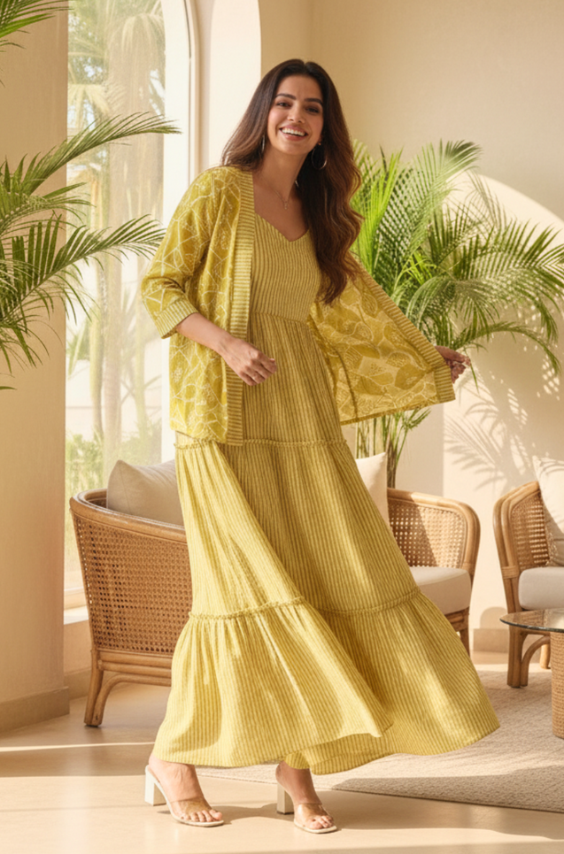 REZAAR-  Lime Green Striped Tiered Gown with Printed Jacket