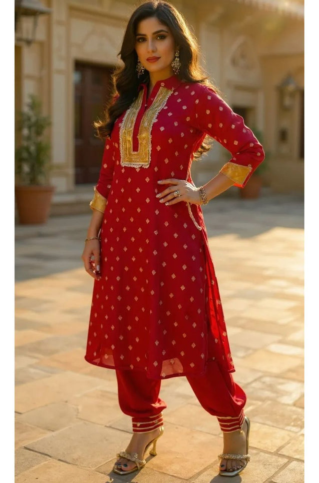 PHULJARI- Red Festive Jacquard Pathani Set