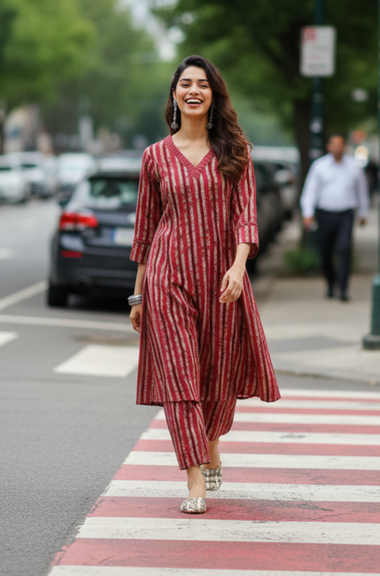 Maroon Stripped Printed Two Piece Set