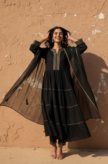 ROOH- Black Anarkali  Three piece set with Dupatta