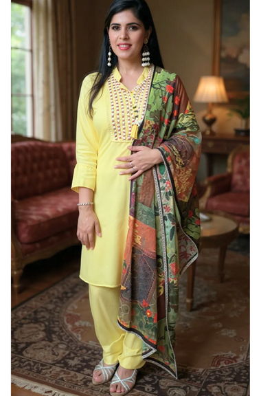 MALANG- Yellow Three Piece Suit Set With Printed Dupatta