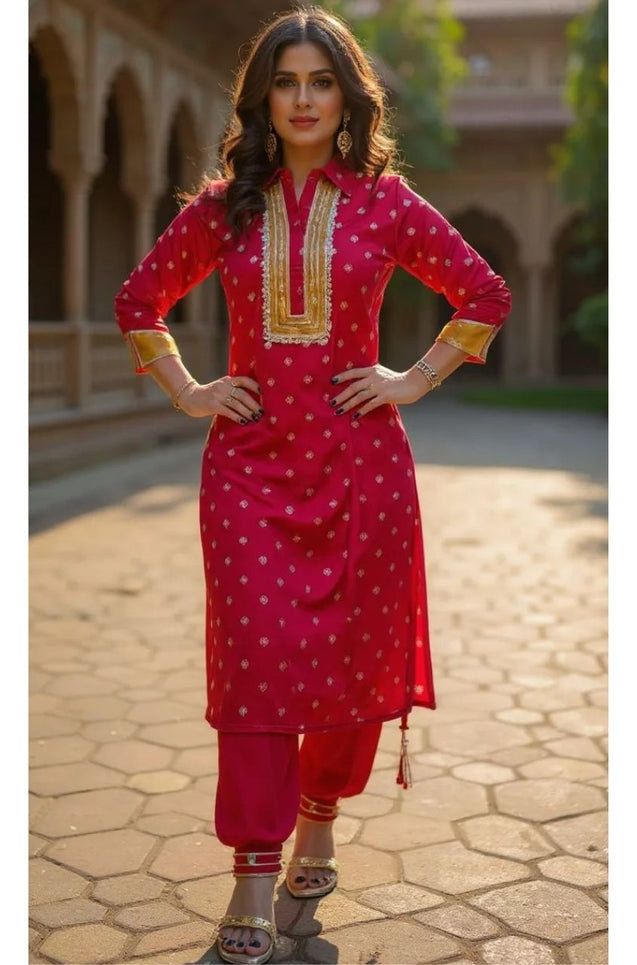 PHULJARI- Red Festive Jacquard Pathani Set