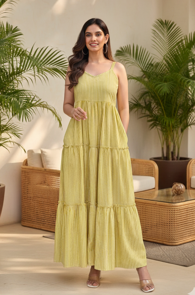 REZAAR-  Lime Green Striped Tiered Gown with Printed Jacket