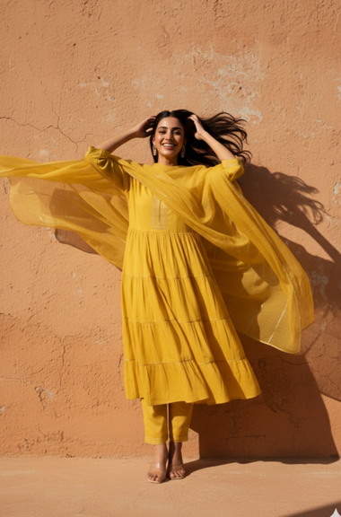 ROOH- Yellow  Anarkali  Three piece set with Dupatta