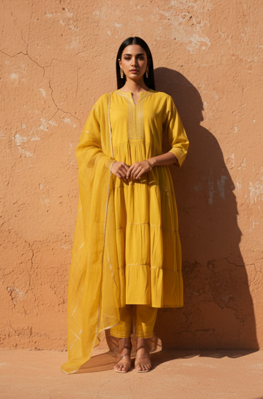 ROOH- Yellow  Anarkali  Three piece set with Dupatta