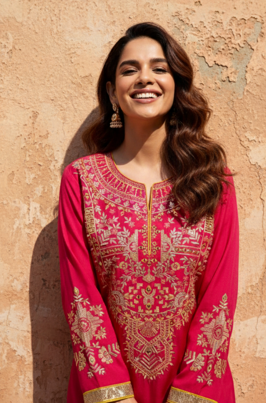 NAZM- Embroidered Hot Pink Ethnic Dress - Ishnya NAZM- Embroidered Hot Pink Ethnic Dress - Ishnya