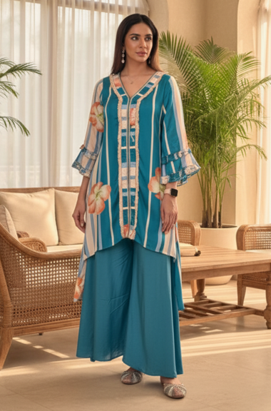 Sea Blue High-Low Kurta With  Flared Pant