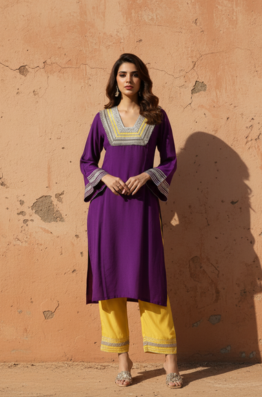 RAAS-Purple & Yellow  Glass Neckline Two Piece Set