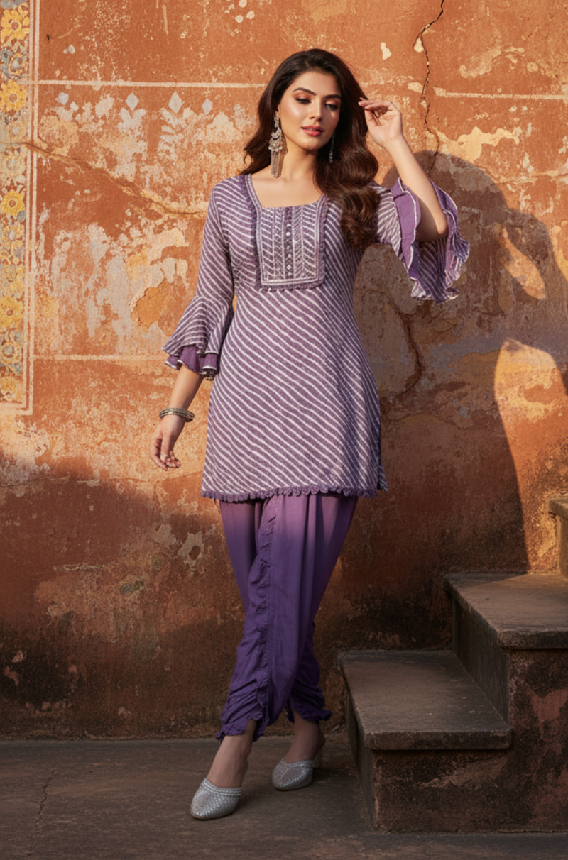 Go Leheriya - Amethyst Purple Kurta with Ruffled Dhoti Pants - Ishnya