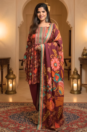 GEET-Royal Maroon Three Piece Suit Set With Printed Dupatta
