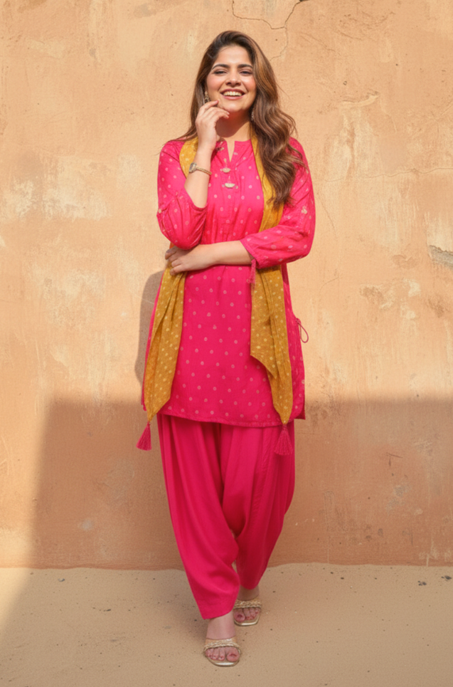 PHULJARI - Hot Pink Jacquard Patiala Set With Stole