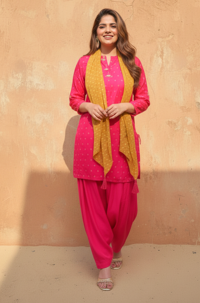 PHULJARI - Hot Pink Jacquard Patiala Set With Stole