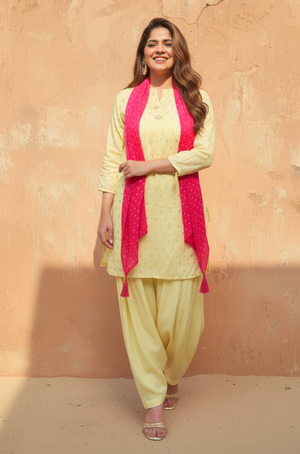 PHULJARI - Butter Yellow Jacquard Patiala Set With Stole