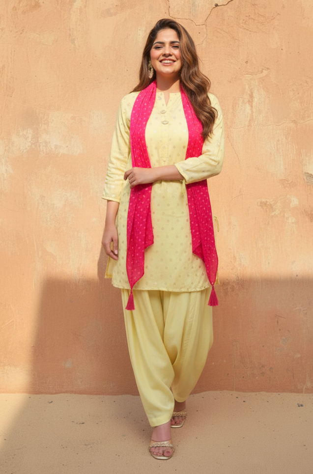 PHULJARI - Butter Yellow Jacquard Patiala Set With Stole