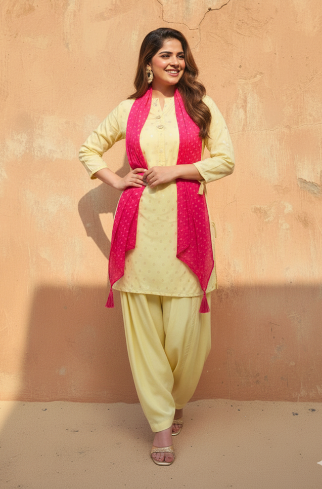 PHULJARI - Butter Yellow Jacquard Patiala Set With Stole