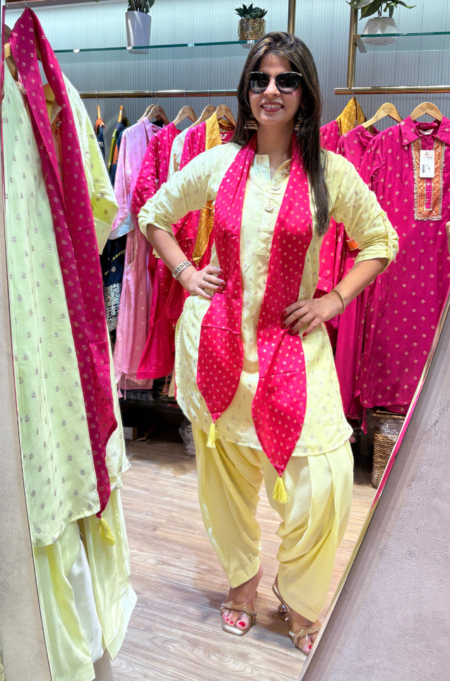 PHULJARI - Butter Yellow Jacquard Patiala Set With Stole