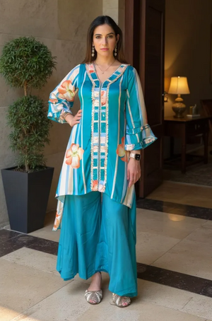 Sea Blue High-Low Kurta With  Flared Pant