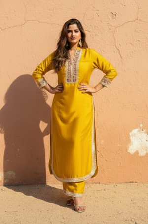 FITOOR- Bright Yellow Two Piece Long Kurta Set