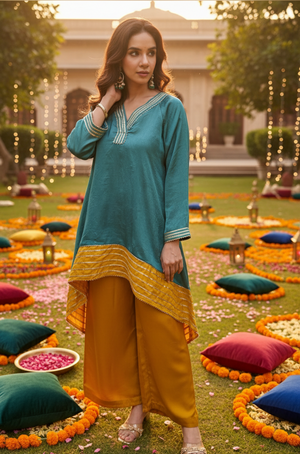 ROOH - Teal Color-Block High-Low Two Piece Set