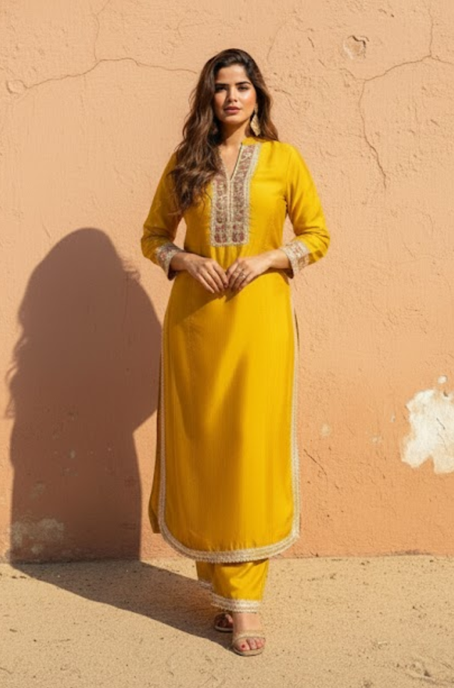 FITOOR- Bright Yellow Two Piece Long Kurta Set