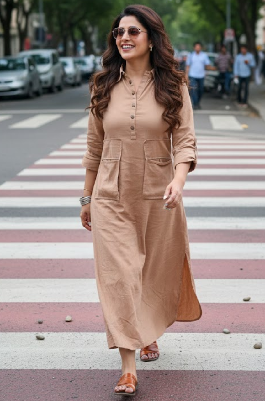 REZAAR-Beige Shirt Style Pocket Dress