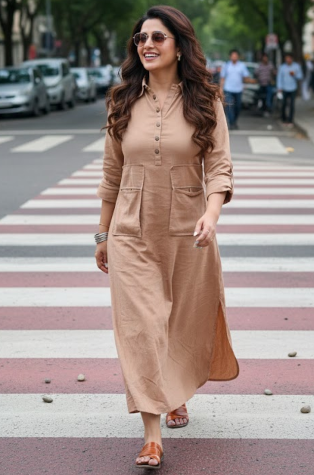 REZAAR-Beige Button Detail Shirt  Dress