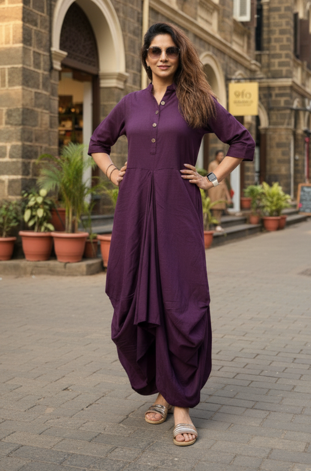 Rozana- Wine Cotton Slub Elegant Fusion  Drape  Dress
