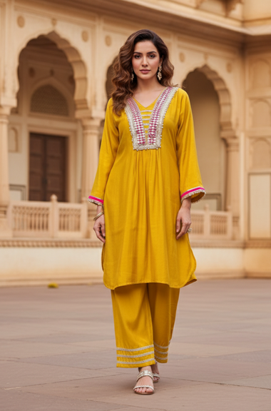 SUROOR - Yellow Mirror Batwing  Two Piece Set
