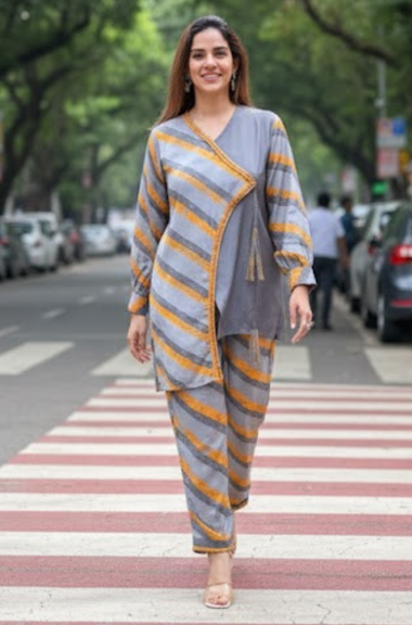 SEHAJ-Asymmetric  striped Grey cord set