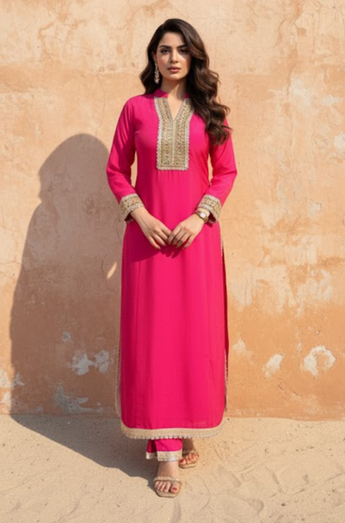 FITOOR- Hot Pink Two Piece Long Kurta Set