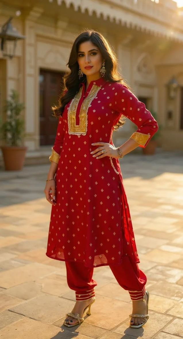 PHULJARI- Red Festive Jacquard Pathani Set