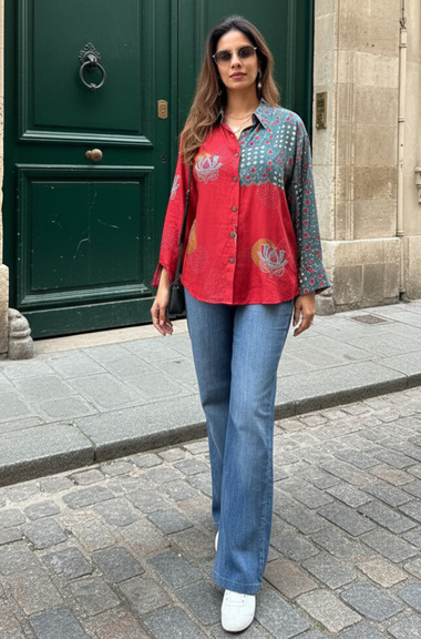 AURA-Red and Blue Lotus Printed Oversized Shirt