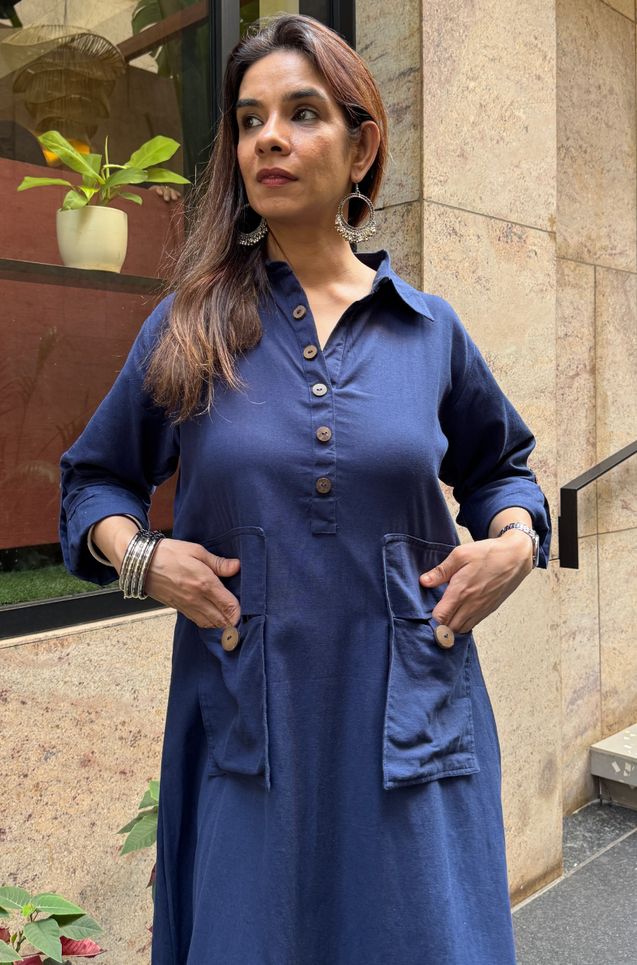 REZAAR-  Navy Blue Button Detail Shirt  Dress