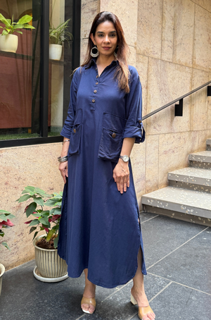 REZAAR-  Navy Blue Shirt Style Pocket Dress