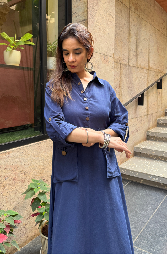 REZAAR-  Navy Blue Button Detail Shirt  Dress