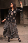 ROZANA- Black Lotus Printed Drape Skirt With Short Shirt