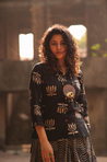 ROZANA- Black Lotus Printed Drape Skirt With Short Shirt