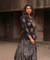 ROZANA- Black Lotus Printed Drape Skirt With Short Shirt