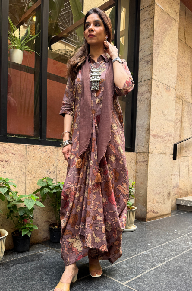 Rozana- Earthy Brown Cotton  Elegant Fusion  Drape  Dress