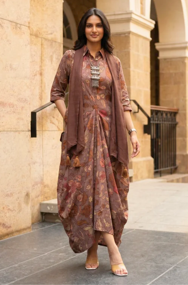 Rozana- Earthy Brown Cotton  Elegant Fusion  Drape  Dress
