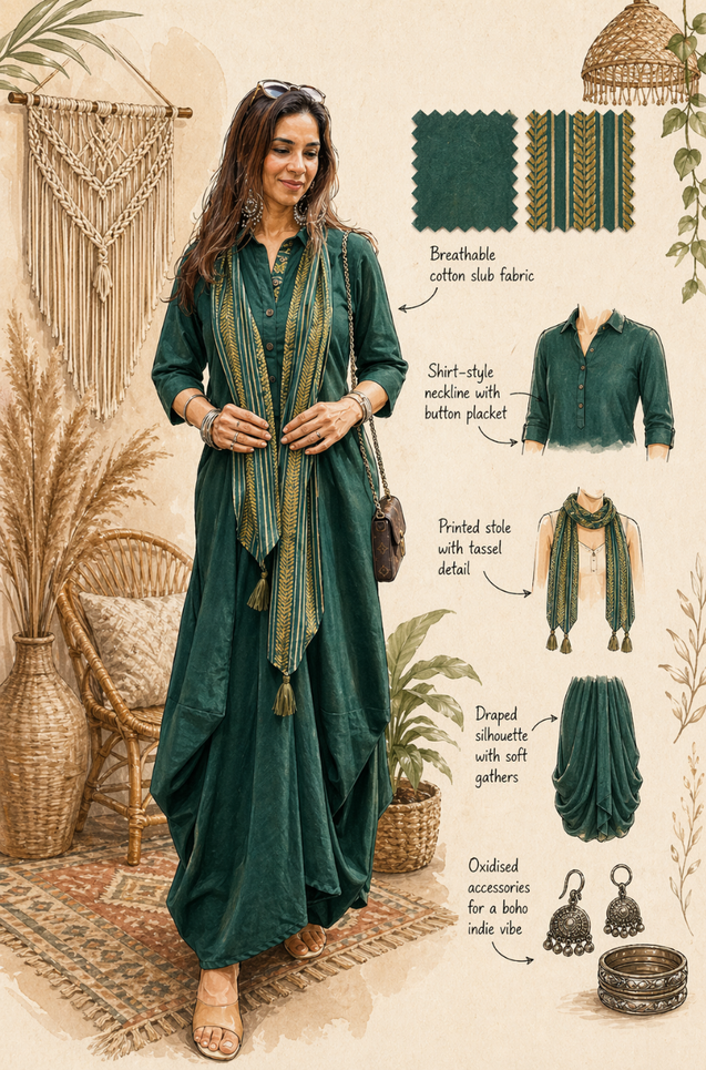 Rozana- Green Cotton Slub Elegant Fusion  Drape  Dress