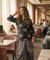 ROZANA- Black Lotus Printed Drape Skirt With Short Shirt