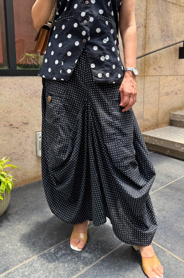 Rozana -  Black and White Polka Drape Skirt Set