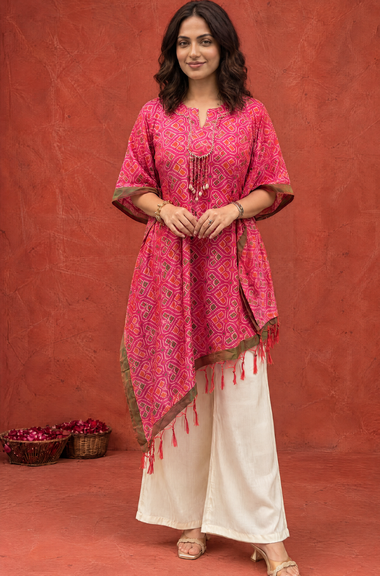 Festive- Pink Patola Asymmetrical Kaftan & Straight Pants Set with Shell Work